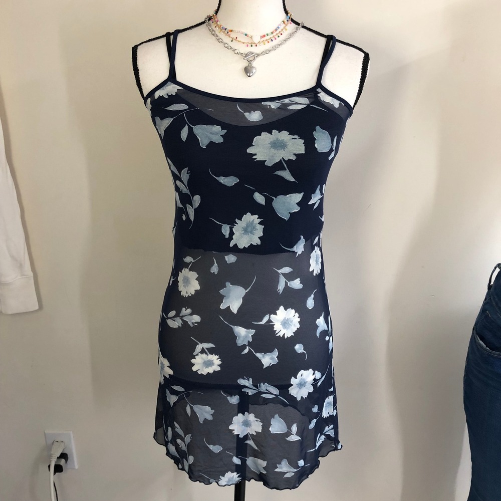 Vintage Venus Korean K-Fashion Sheer Mesh Floral Slip Dress S Navy Blue Y2K